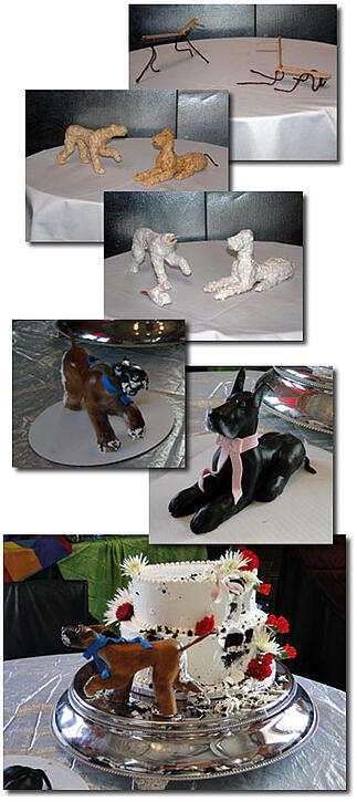 progression of custom designed wedding cake with Great Danes