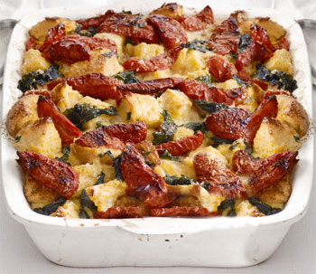 sourdough strata with tomatoes and arugula